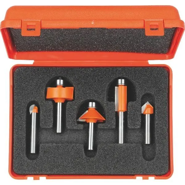 SET VAN 5 FREZEN IN PVC KISTJE  UITLOOPFREES  SPONNINGFREES  AFKANTFREES  BOLLE RADIUSFREES  VGROEFFREES 90°, S=Ø8