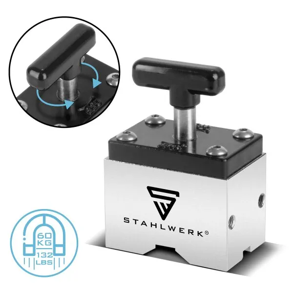 STAHLWERK VIERKANTE HOUDMAGNEET | OMSCHAKELBAAR MAGNEETBLOK | FLEXIBELE VIERKANTE MAGNEET MET AAN/UITSCHAKELAAR EN 60 KG DRAAGV